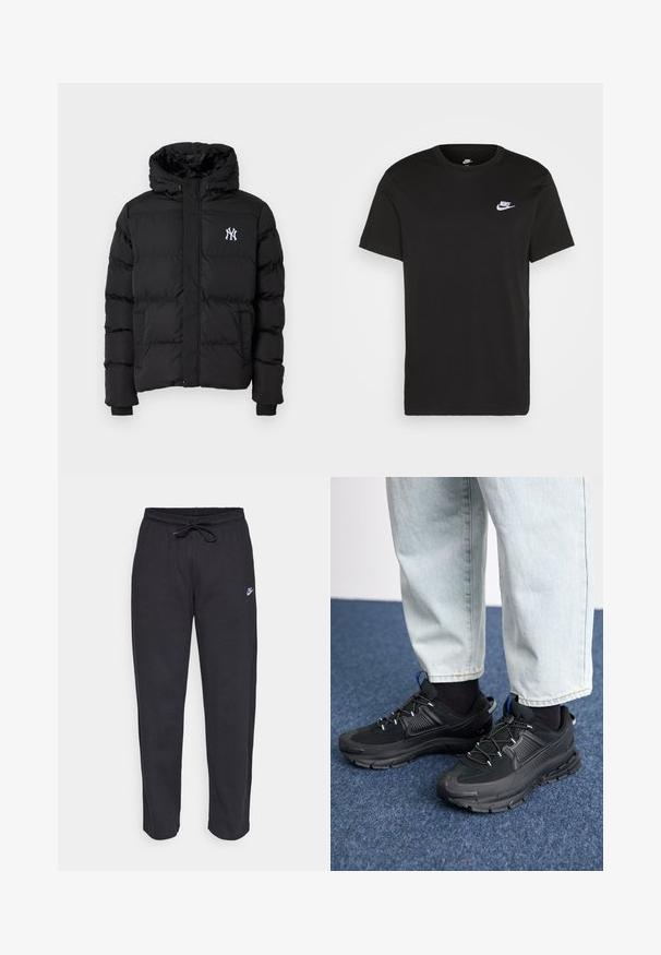 '47 CORE JACKET - Vinterjakke - black; Svart bomull T-skjorte med kort erm, rund hals, og en liten hvit Nike-logo på øvre venstre bryst. Myk tekstur. Klassisk passform.; Sorte sweatpants laget av mykt stoff med elastisk midjebånd, snøring og en liten Nike-logo på venstre lår.; Svarte sportssko med teksturert stoff og gummisåler, med elastiske lisser og en blå detalj på hælen. Brukt med lyse denimbukser.
