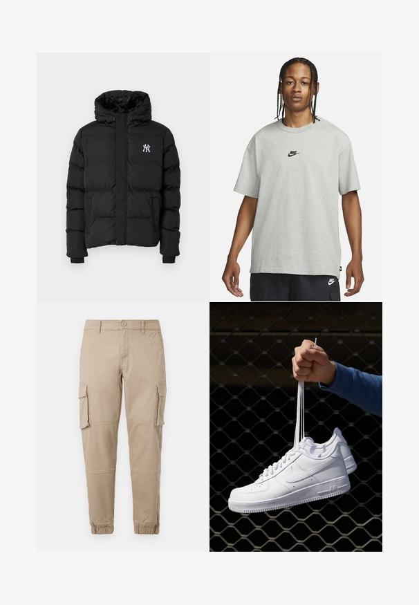 '47 CORE JACKET - Winterjas - black; Jong persoon met gevlochten haar, gekleed in een lichtgrijs Nike T-shirt en zwarte Nike shorts tegen een effen witte achtergrond.; Beige cargobroek van lichtgewicht katoenen materiaal. Kenmerkend zijn de elastische boorden, meerdere zijzakken en een knoopsluiting.; Witte leren sneakers met perforaties, ronde neus, vlakke zool en dikke veters, met een zichtbare swoosh-logo en "AIR" op de hiel.