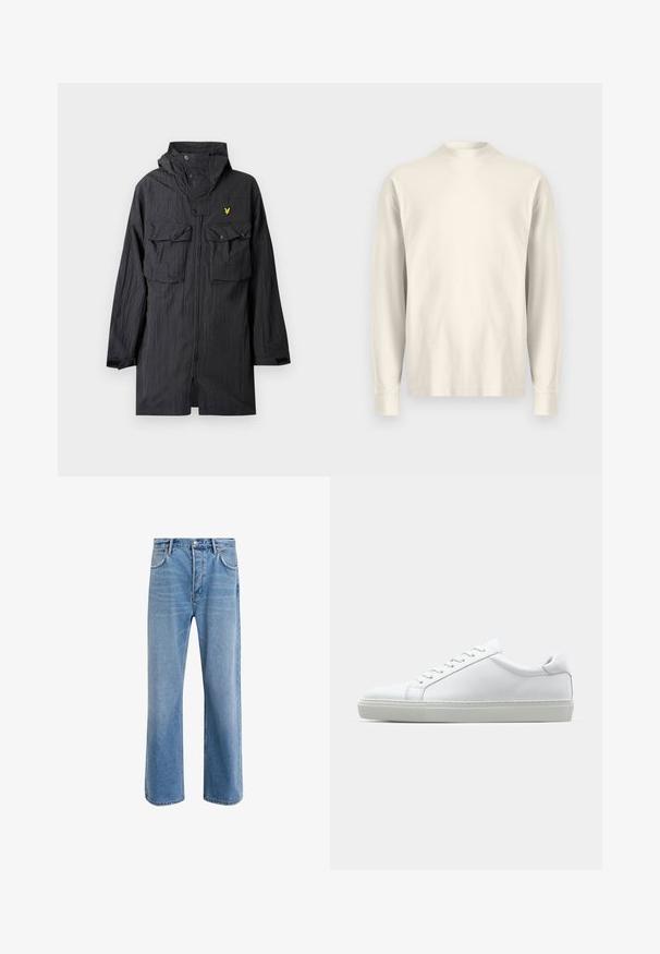 Musta sadejakku, valmistettu kevyestä materiaalista, jossa kaksi etutaskua, nappikiinnitys, huppu ja pieni keltainen logo rinnassa.; Pitkähihaiset, korkea kauluksellinen paita vaaleasta kermaisen värisestä puuvillasta. Sileä pinta, rento malli, minimalistinen muotoilu, ei näkyviä kuvioita tai yksityiskohtia.; Vaaleansiniset farkut suoranlahkeisella muotoilulla, viisi taskua, nappisuljenta, vähäinen kuluminen ja kontrastiväriset ompeluyksityiskohdat.; Valkoinen tennari, jossa on sileä nahkapäällinen ja matala profiili. Ominaisuuksiin kuuluu pyöreä kärki, kuusi rei'itystä ja teksturoitu kumipohja.