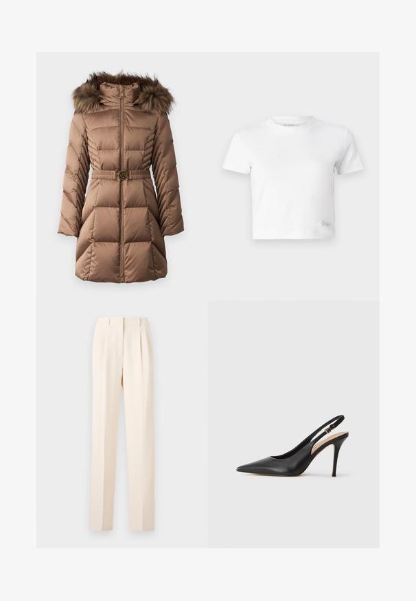 Smeđi oblikovani kaput s kapuljačom od umjetnog krzna, pojasom u struku s okruglim zlatnim detaljem i dijagonalnim prošivenim uzorkom na rukavima.; Bijela skraćena majica izrađena od glatkog pamuka, s visokim izrezom i kratkim rukavima. Mali izvezeni logo u donjem kutu.; Bež hlače krojene s plisama, ravnog kroja i glatke teksture. Struk je čist, bez vidljivih dijelova.; Crna kožna cipelica s visokom petom i otvorenom petom, s oštrim vrhom, glatkom teksturom i delikatnom trakicom s metalnom kopčom.