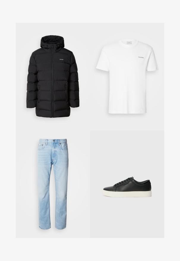Black puffer jacket with a zipper front, a drawstring hood, quilted pattern, and branded logo on the left chest. Features side pockets.; White cotton T-shirt with short sleeves and a crew neckline. Features a small black "Calvin Klein" logo on the left chest.; Light blue denim jeans with a straight leg cut, featuring faded sections, five-pocket design, and a classic button fly.; Black leather sneakers with perforated texture, round toe, and flat white rubber sole. Features black laces and a subtle logo on the side.