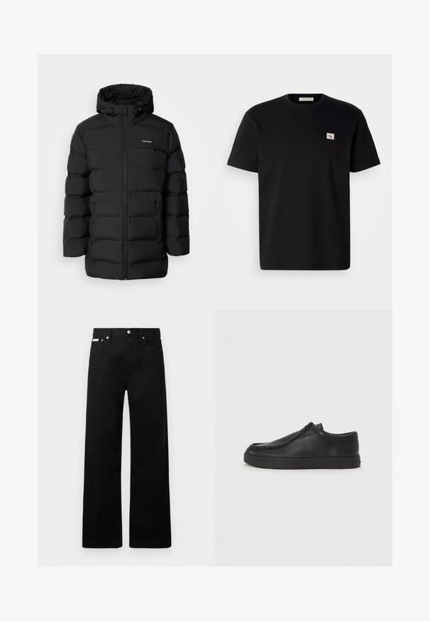 Čierna prešívaná bunda s predným zipsom, kapucňou na šnúrku, prešívaným vzorom a značkovým logom na ľavej hrudi. Obsahuje bočné vrecká.; Čierne bavlnené tričko s krátkymi rukávmi, okrúhlym výstrihom a malým vyšitým logom na ľavej hrudi. Hladká textúra, štandardný strih.; Čierne džínsy s širokými nohavicami, obsahujúce päť vreciek a kovové zapínanie. Hladká textúra, bez viditeľných vzorov.; Čierna kožená slip-on obuv s okrúhlou špičkou, prešívaním a čiernou gumovou podrážkou. Hladký povrch s minimalistickým dizajnom.