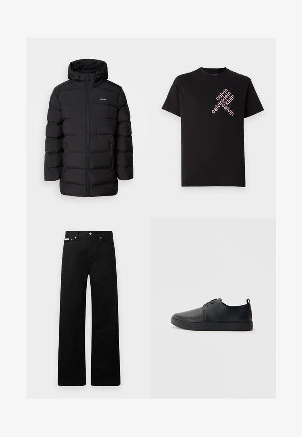 Svart puffjacka med dragkedja fram, snörning i huvan, kviltat mönster och logotyp på vänster bröst. Har sidofickor.; Svart bomull T-shirt med en diagonal rosa "calvin klein" logotyptryck på framsidan. Korta ärmar och rundad nacke.; Svarta denimbyxor med en vid bendesign, som har fem fickor och metallknappar. Slät textur, inga synliga mönster.; Svart lädersneaker med en slät yta, rund tå, tonad sömnad, snörning framtill och en platt gummisula. Ögla vid hälen.