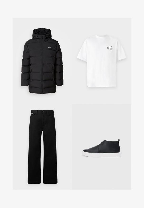 Črna puffer jakna z zadrgo spredaj, kapuco na vrvico, prešit vzorec in blagovno znamko na levi prsni strani. Ima stranske žepke.; Bela bombažna majica s kratkimi rokavi, krožnim izrezom, s črnim CK logotipom na levi strani prsnega dela, standardne velikosti, gladke teksture.; Črne jeans hlače širokega kroja, z petimi žepi in kovinskimi gumbi. Gladka tekstura, brez vidnih vzorcev.; Črne usnjene visoke superge s gladko površino, bela gumijasta podloga in preprosta zasnova vezalk. Imajo držalo na hrbtni strani.