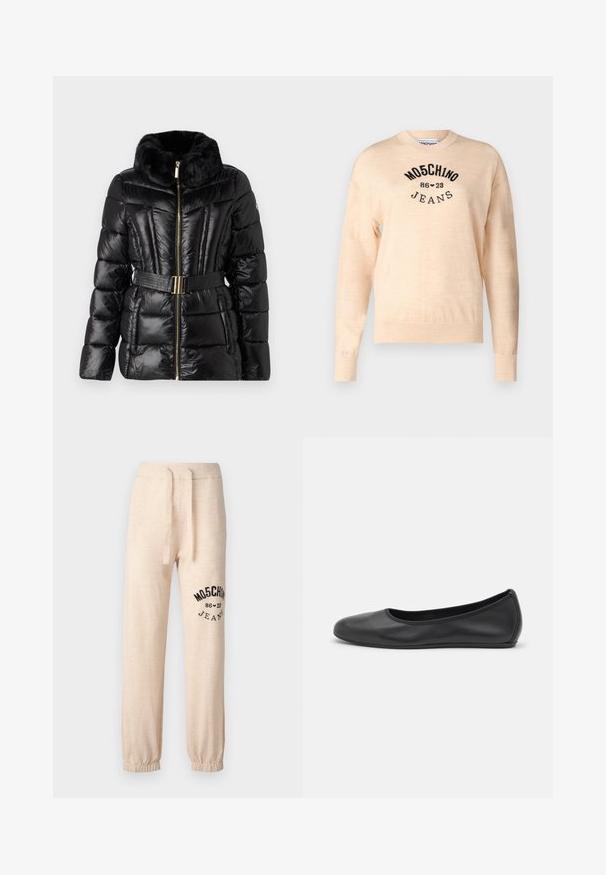 MICHAEL Michael Kors PACKABLE JACKET - Vinterjakker - black; Lys beige sweater lavet af en blød strik, med rund halsudskæring, lange ærmer, og et sort broderet logo med teksten "Moschino Jeans."; Beige sweatpants med elastiske manchetter og talje. Har et sort trykt logo "MOSCHINO 86 ❤ 23 JEANS" på venstre lår. Blød tekstur.; Sort læderballetsko med rund tå, glat tekstur, minimal syning og et fleksibelt såldesign.
