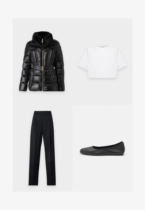 MICHAEL Michael Kors PACKABLE JACKET - Talvejope - black; Lühikeste varrukatega, pehmest kangast lõigatud valge T-särk, millel on ümar kaelus ja soonikuga ääred. Lihtne ja ilma kaunistusteta disain.; Mustad püksid siledast kangast, millel on kõrge vöökoht, laiad jalad, esimesed kortsud ja klassikalised vööloopid. Küljepockets pole nähtavad.; Musthave mustika tantsutossud mustast nahast, ümmarguse varbaga, siledast tekstuurist, minimaalse õmblusdetailiga ja paindliku tallakujundusega.