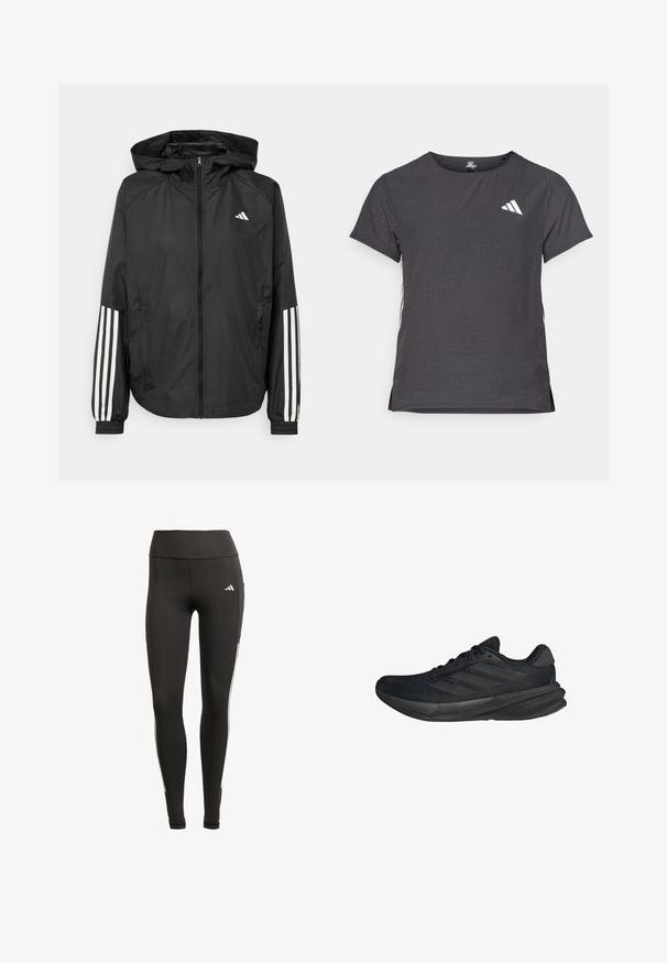 Musta kevyt takki hupparilla, jossa on täysipitkä vetoketju, elastiset hihansuut ja valkoiset kolmonauha-tyyliset yksityiskohdat hihoissa.; Lyhythihainen urheilupaita, tummanharmaa, jossa on reikäkudot. Ominaisuuksina valkoinen logo ja kontrastiväriset sivusuunnat. Pyöreä pääntie.; Mustat leggingsit, jotka on valmistettu joustavasta kankaasta, korkea vyötärö, valkoiset sivuviivat ja sivutasku käytännöllisyyden lisäämiseksi.; Mustat urheilukengät, joissa on verkkopinta, virtaviivainen muoto, litteä pohja ja kolme vinoa raitaa sivussa. Kevyt muotoilu mukavuutta varten.