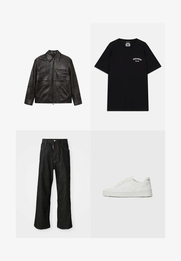 Giacca in pelle nera con zip frontale, colletto classico e tre tasche con zip, mostrata stesa su sfondo bianco.; T-shirt nera in cotone a maniche corte, con logo bianco "DSQUARED2 MILANO" sul petto. Design a girocollo, texture liscia.; Jeans neri a gamba dritta con cuciture gialle, design a cinque tasche, chiusura con bottone e un piccolo etichetta rossa sulla tasca anteriore destra.; Sneaker in pelle bianca con una finitura liscia, punta rotonda, lacci piatti e suola testurizzata. Presenta un logo discreto sul tallone.