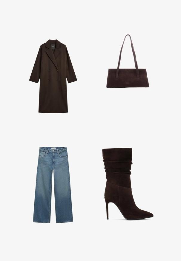 Hnědý dlouhý kabát s dvouřadým zapínáním, velkými klopami a příliš širokými rukávy. Vyroben z texturované tkaniny, s dvěma černými knoflíky.; Hnědý top bez ramínek s dlouhými rukávy, který má zkroucený design látky a stříbrný akcent ve tvaru srdce na výstřihu.; Světle modré široké džíny vyrobené z denimu, s polovičním pasem, dvěma předními kapsami a klasickými stehy.; Hnědé semišové kotníkové boty s uvolněným vrškem, špičatou špičkou a vysokým jehlovým podpatkem. Disponují texturovaným povrchem a hladkým siluetou.; Hnědá semišová kabelka s obdélníkovým tvarem, dvěma dlouhými ušima a minimálním prošíváním. Hladký povrch bez viditelné kovové části nebo ozdob.
