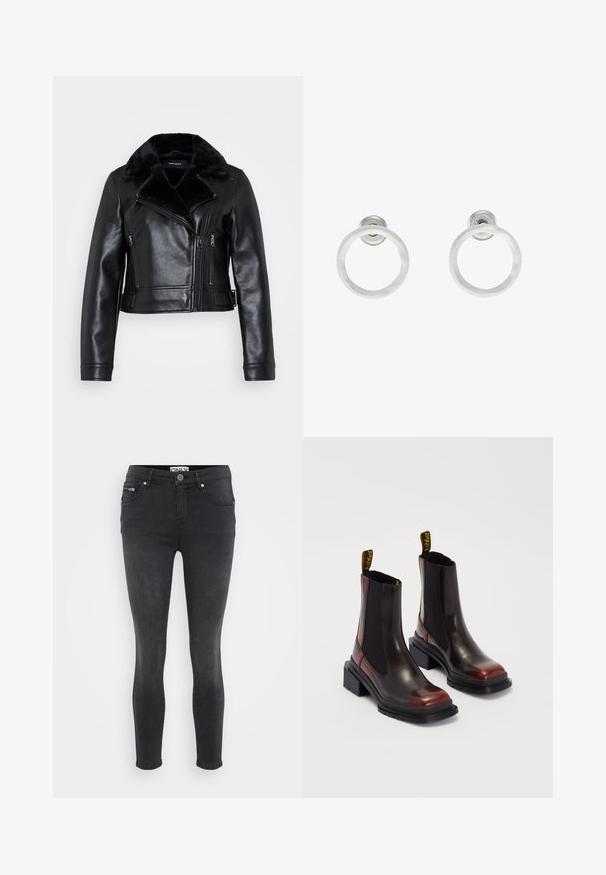 Vero Moda Petite VMHAILEY COATED JACKET - Imitert skinnjakke - black; Even&Odd Petite 2 PACK - Topper - light grey/black; Sorte slim jeans laget av denim. Har en frontknappåpning og lommer med glidelås i midjen. Glatt tekstur med minimal falming.; Dr. Martens MAYBOLE CHELSEA - Platåstøvletter - black/cherry red; Sølvmetall hoop øreringer med børstet tekstur, med en sirkulær design og klar feste bak for sikker bruk.