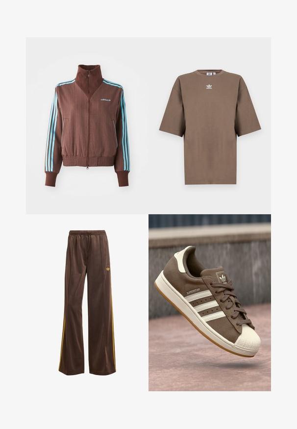 Barna cipzáras dzseki bordázott textúrával, türkiz színű háromcsíkos díszítéssel a vállakon és ujjakon, valamint hímzett logóval.; Barna pamut póló rövid ujjakkal, kerek nyakkal és fehér Adidas logóval a mellkason, egyszerű dizájnnal és laza szabással.; Barna sportnadrág, laza szabással, sárga oldalsávokkal és rugalmas derékrésszel. Simább, könnyű anyagból készült.; Barna velúr sportcipő fehér csíkokkal, krém színű kiegészítőkkel és gumis orral. Csipkés kialakítással és texturált gumi talppal rendelkezik.