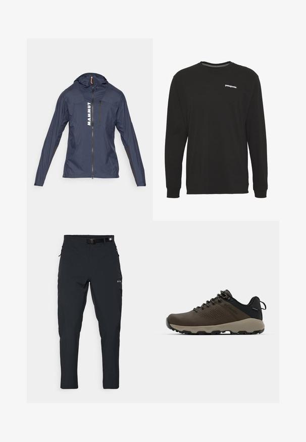 Giacca leggera blu navy con zip frontale e cappuccio, caratterizzata da testo bianco "MAMMUT" e accenti neri sulle maniche e sui lati.; T-shirt a maniche lunghe nera in cotone, con scollo rotondo e piccolo logo "patagonia" bianco sul petto. Tessuto liscio.; Columbia ESSENTIAL HIKE™ PANT - Pantaloni outdoor - black; Sneakers impermeabili marroni con tomaia testurizzata, dettagli perforati, supporto al tallone nero e suola in gomma grigia. I lacci sono decorati con estremità metalliche.