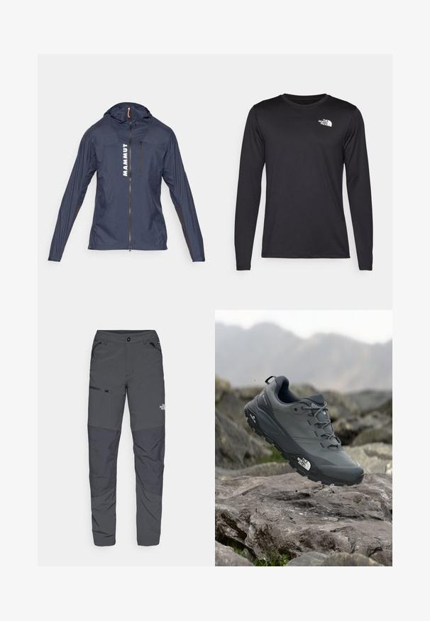 Tume sinine kerge jope, millel on lukuga eesmine osa ja kapuuts, valge "MAMMUT" tekst ning mustad aksendid varrukatel ja külgedel.; Pikkade varrukatega must spordit-särk, mis on valmistatud kerge kangaga, esiküljel vasakul rinnal on valge logo. Sile tekstuur.; Hallid hallid välispüksid siledat tekstuuri, külgedel lukuga taskud, tugevdatud põlvekohad ja diskreetne logo detail.; Hallhalli jooksukingad halli värvi, tekstureeritud ülemise osaga, vastupidava kummist tallaga ja tugevdatud varvaste kattega. Omab paelu ja kaubamärgi logo küljel.