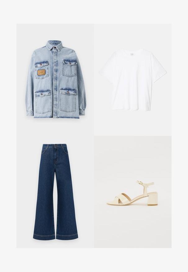 Svetlomodráoversized džínsová bunda s golierom, predným zapínaním na gombíky, štyrmi vreckami a hnedou koženou nášivkou na ľavej hrudi.; Biely bavlnený tričko s krátkymi rukávmi, okrúhlym výstrihom, voľným strihom a prešitým lemom. Štítok viditeľný na vnútornom krku.; Modré denimové nohavice so širokými nohavicami a vysokým pásom, ktoré majú gombíkový zapínanie, pútka na opasok a jemné švy pozdĺž vreciek a lemov.; Bežové lakované sandále na podpätku s križovým popruhom, otvorenou špičkou, nastaviteľným členkovým popruhom a blokovým podpätkom. Hladká textura.