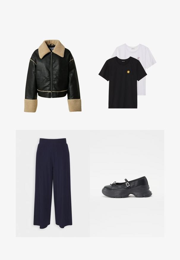 Zwarte leren cropped jasje met een beige nepbont kraag en manchetten. Heeft een ritssluiting aan de voorkant en twee zijzakken.; Zwart-witte T-shirts, ronde hals, korte mouwen. Het zwarte shirt heeft gele zon-geborduurde details; het witte shirt heeft een purperen halve maan accent.; Wijd-uitlopende broek in donkerblauwe stof met een geribbeld patroon. Heeft een gladde tailleband en een vloeiende silhouet, die tot halverwege de kuiten reikt.; Zwarte leren Mary Jane-schoen met een ronde neus, strikdetails en een verstelbare enkelband. Beschikt over een chunky rubberen zool met gebogen accenten.
