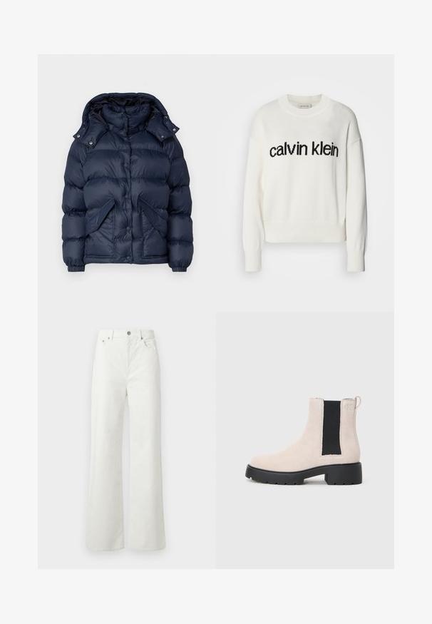 Veste matelassée bleu marine avec un col montant, une capuche amovible, des boutons-pression et deux poches avant. Texture lisse et brillante avec un rembourrage isolant.; Pull en tricot blanc avec un col rond et des manches longues, présentant un logo "calvin klein" noir sur la poitrine. Texture douce, coupe courte.; Samsøe Samsøe SHELLY - Jean boyfriend - clear cream; Bottine Chelsea en suède beige avec panneau latéral élastique noir, semelle épaisse noire et languette au niveau de la cheville.