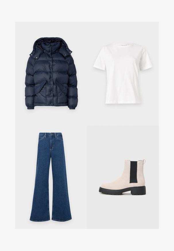 Tumedast sinine puhvjakk, millel on kõrge krae, eemaldatav kapuuts, nupud ja kaks esikot. Sile, läikiv tekstuur koos sooja polstriga.; Valge puuvillane T-särk lühikeste varrukatega, ümmarguse kaelusega ja vabalt istuv. Sile tekstuur, ilma mustrite ja aktsentideta, minimalistik disain.; Sinine denimist laienevad teksad kõrge vöökoha ja viie taskuga, nupuvajutusega kinnituse ning kontrastsete õmblustega õmblustel.; Beez suède Chelsea saapad mustade venituspaneelidega, turske musta põhjaga ja käepidemega pahkluul.