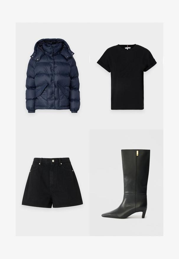 Tummansininen puffatakki, jossa on korkea kaulus, irrotettava huppu, napit ja kaksi etutaskua. Sileä, kiiltävä pinta eristettynä pehmusteena.; Mustapaita, jossa on lyhyet käärityt hihat, keskellä kohokuvioitu logo ja sivussa pieni lipputunnus.; Mustat farkkushortsit, joissa on korkea vyötärö, viisi taskua, hopeiset yksityiskohdat ja tavanomainen istuvuus. Shortsien pinta on sileä ja viimeistely on siisti.; Mustat nahkasaappaat polveen asti, joissa on terävä kärki ja pieni korko. Ominaisuuksina on tyylikäs muotoilu, jossa on kultainen yksityiskohta. Sileä pinta.