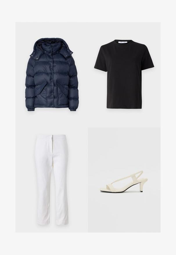 Marineblauer Daunenjacke mit hohem Kragen, abnehmbarer Kapuze, Druckknöpfen und zwei Fronttaschen. Glatte, glänzende Textur mit isolierender Polsterung.; Schwarzes T-Shirt mit kurzen Ärmeln aus weicher Baumwolle, mit rundem Ausschnitt, lockerer Passform und glatter Textur. Keine sichtbaren Muster oder Grafiken.; Weiße Baumwollhose mit geradem Bein, mittelhoher Taille und ohne sichtbare Beschläge oder Muster. Glatte Textur auf der gesamten Fläche.; Beige Blockabsatzsandalen mit dünnen Riemen und quadrater Spitze. Glattes Material mit minimalem Design, entworfen für einfaches Tragen.