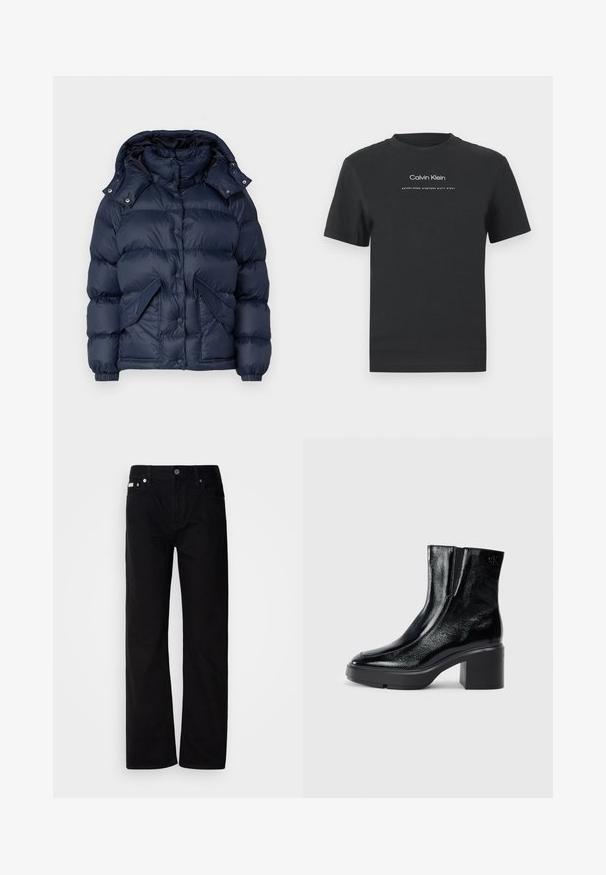 Marineblauwe pufferjack met een hoge kraag, een afneembare capuchon, drukknoopsluitingen en twee voorzakken. Gladde, glanzende stof met geïsoleerde vulling.; Zwarte katoen T-shirt met een ronde halslijn, korte mouwen en een witte geprinte "Calvin Klein" logo en "Established 1968" tekst.; Zwarte denim rechte broek met vijf zakken, zilveren klinknagels en een knoopsluiting. De stof heeft een gladde, licht gestructureerde afwerking.; Zwarte gepatenteerde leren enkellaarsjes met een gebogen neus, elastische zijpanelen en een chunky blokhak. Voorzien van een reliëflogo aan de achterkant.