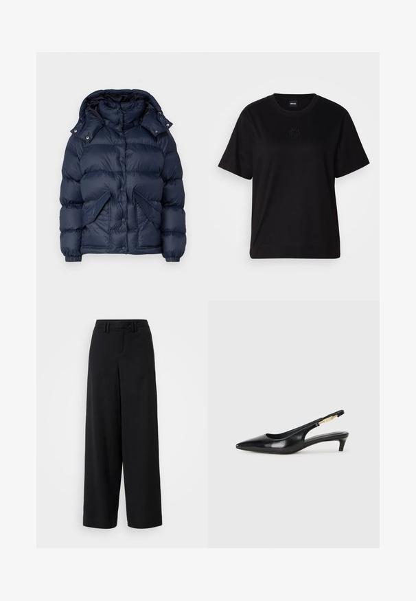 Mørkeblå dunjakke med høj krave, aftagelig hætte, trykknapper og to forlommer. Glat, skinnende tekstur med isolerende polstring.; Sort bomulds t-shirt med rund halsudskæring, korte ærmer og et broderet logo på brystet. Enkel, afslappet pasform uden mønstre.; Sorte brede bukser lavet af glat stof, med en flad front, plisserede detaljer og bæltestropper i taljen.; Sorte læder slingback hæle med spids tå, der har en slank hæl og en guldfarvet detalje på den justerbare rem. Glat tekstur.