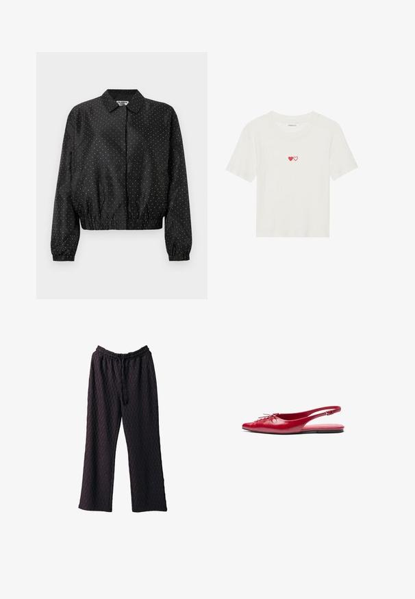 Zwarte bomberjas met wit polkadotpatroon, voorzien van een kraag, elastische zoom en gerimpelde manchetten. Soepele stoftextuur.; Witte geribde T-shirt met korte mouwen, met twee rode harten geborduurd op de borst. Zachte stof met een klassiek ronde hals ontwerp.; Donkerpaarse brede broek van textuurstof, met een elastische tailleband en een trekkoordsluiting voor een verstelbare pasvorm.; Rode leren slingback platte schoen met een puntige neus en een decoratieve vetersluiting aan de voorkant, voorzien van een slanke enkelband en een platte zool.