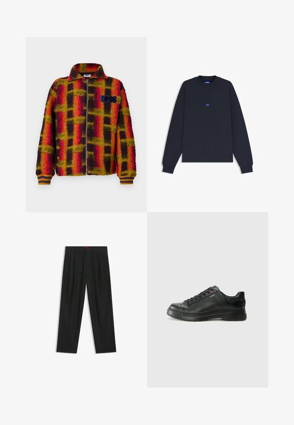 Fleece-jacka i röd, gul och svart rutigt mönster med dragkedja fram, krage och ribbade ärmslut som har blå och gula ränder. GGDS-logotyp på bröstet.; Mörkblå sweatshirt med långa ärmar, ribbad halsringning och liten blå "HUGO"-logotyp i mitten. Tillverkad av mjukt bomullsmaterial.; Svarta byxor med vikta detaljer, bred benform och en slät textur. Har en röd midjebandsetikett.; Svart lädersneaker med texturerad ovandel, vadderat krage och röd logotypdetalj. Utrustad med en tjock gummisula med distinkt mönster.