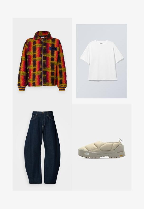 Fleece jacket in red, yellow, and black checkered pattern with a zip front, collar, and ribbed cuffs featuring blue and yellow stripes. GGDS logo on chest.; White cotton t-shirt with a round neckline and short sleeves. Relaxed fit with no visible patterns or accents. Smooth texture.; Dark blue denim jeans with a wide-leg design, featuring prominent stitching, five pockets, and a brass button closure at the waistband.; Quilted beige slip-on shoe with gray Vibram sole, rounded shape, and rear loop. Features logo on side and textured upper surface.
