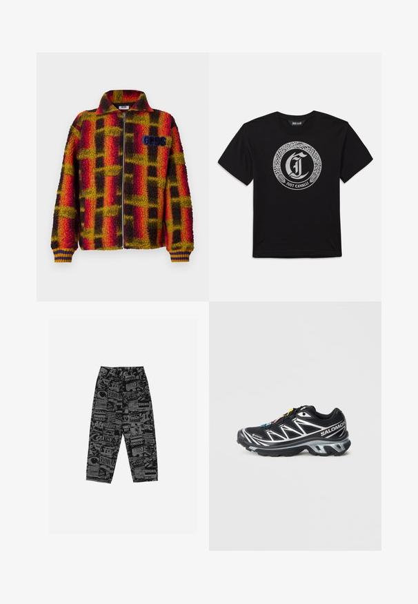 Fleecejack met een rood, geel en zwart geruit patroon, met een rits aan de voorkant, kraag en ribgebreide manchetten met blauwe en gele strepen. GGDS-logo op de borst.; Zwart T-shirt met korte mouwen met een circulair zilveren slangontwerp dat een gotische letter "J" omringt en de tekst "Just Cavalli" daaronder.; Zwarte broek met een grafisch patroon van verschillende teksten en afbeeldingen. Gemaakt van lichtgewicht stof, hebben ze een losse pasvorm en rechte pijpen.; Zwart hardloopschoen met zilveren accenten, GORE-TEX materiaal, gestructureerde zool en kleurrijke veters. Voorzien van een gevoerde hak voor ondersteuning.