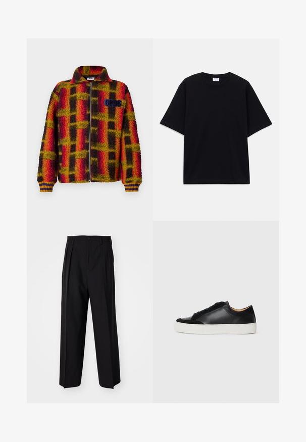 Sarkana, dzeltena un melna šallīte ar pārbaudītu rakstu, ar rāvējslēdzēju priekšā, apkakli un ribotām piedurknēm, kurās ir zili un dzelteni svītras. GGDS logo uz krūtīm.; Melns īsām piedurknēm oversize T-krekls ar apaļu kakla izgriezumu un redzamu Filippa K zīmola birku iekškaklā.; Melnas plisētās bikses ar taisnu, plata kāja dizainu. Izgatavotas no gludas auduma, ar pogu aizdari un jostas cilpiņām.; Melnas ādas sporta kurpes ar zamša akcentiem, apaļa purna daļa, plakana balta gumijas zole un kontrastējošas tekstūras uz ķermeņa un auklām.