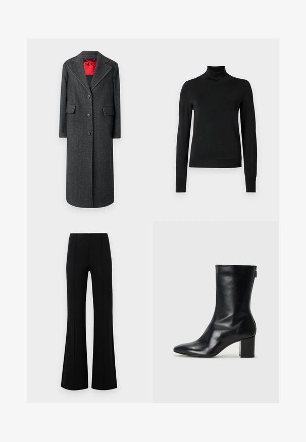 Siv plašč iz volne z izrezanim ovratnikom, enorednim zapenjanjem in dvema sprednjima žepoma. Kontrastna rdeča notranjost, vidni šivi.; Črni pulover s dolgimi rokavi in vratnikom, z rebrastimi манжетами in robom, prikazan na enobarvni beli podlagi.; Črne krilate hlače z visokim pasom, izdelane iz raztegljive tkanine. Imajo vertikalne šive na sprednji strani in gladko teksturo.; Črne usnjene gležnjarje s koničastim nosom in 4 cm širokim peto. Elegantna zasnova vsebuje stranski zadrgo za enostavno obuvanje. Gladka tekstura.