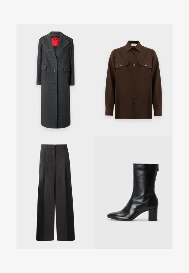Gray wool coat with a notched collar, single-breasted style, and double front pockets. Contrast red interior lining, visible stitching details.; Dark brown long-sleeve button-up shirt with two flap chest pockets and a classic collar, displayed against a plain white background.; Black wide-leg trousers with a high waist, featuring front pleats, a smooth texture, and a tailored finish. Designed for a relaxed fit.; Black leather ankle boot with a pointed toe and 4 cm block heel. Sleek design features a side zipper for easy wear. Smooth texture.