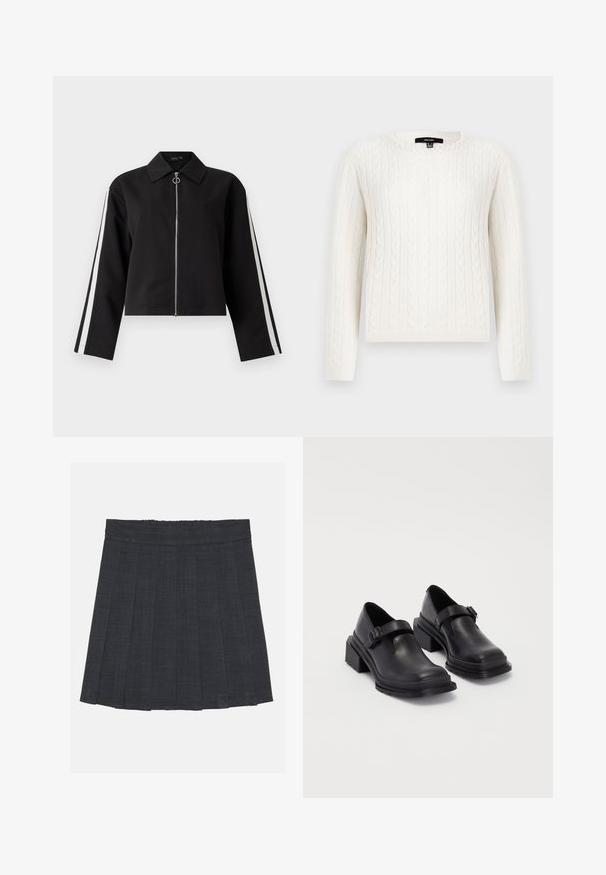 Giacca nera corta con maniche lunghe, cerniera argento e strisce laterali. Presenta un colletto a punta e un dettaglio con anello per la chiusura. Tessuto dalla texture liscia.; Maglione bianco a maglia grossa con maniche lunghe, scollatura rotonda e decorazione di perle al colletto. Tessuto morbido e design aderente.; Gonna a pieghe grigio scuro con vita elastica, caratterizzata da un tessuto testurizzato e da una classica silhouette a trapezio. Adatta per un abbigliamento casual.; Scarpe in pelle nera con punta arrotondata, suola piatta e una cintura con dettaglio fibbia. Tacco a blocco spesso per una maggiore stabilità.