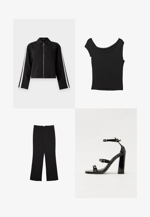 Čierna skrátená bunda s dlhými rukávmi, strieborným zipsom a postrannými pruhmi. Obsahuje špicatý golier a detail v podobe krúžkového ťaháka. Hladká textúra tkaniny.; Čierny krátky rukáv top vyrobený z hladkej tkaniny; má prehnutý výstrih a asymetrický lem, s priliehavým telom.; Čierne nohavice so strihom rovného strihu, s prednými vreckami a bočnými rozparkami na leme. Vyrobené z mäkkej, hladkej tkaniny. Vhodné na rôzne príležitosti.; Čierne lakované sandále na podpätku so štvorcovou špičkou, navlečenými remienkami okolo členku a striebornými prackami. Disponujú masívnym blokovým podpätkom pre stabilitu.
