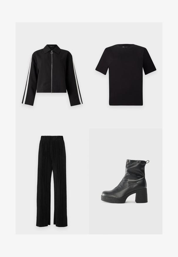 Black cropped jacket with long sleeves, silver zipper, and side stripes. Features a pointed collar and ring pull detail. Smooth fabric texture.; Black short-sleeve t-shirt with a round neckline, crafted from soft cotton fabric. Simple design, no visible logos or patterns.; Black pleated trousers with an elastic waistband. Features wide legs and a smooth, textured fabric with vertical stripes.; Black ankle boots made of smooth leather, featuring a side zipper, chunky textured heel, and rounded toe design.