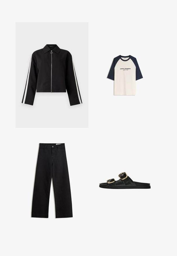 Crna kratak jakna s dugim rukavima, srebrnim patentnim zatvaračem i bočnim trakama. Ima oštar ovratnik i detalj u obliku prstena. Glatka tekstura tkanine.; T-shirt s raglan rukavima u krem boji s tamnoplavim rukavima, s natpisom "ANĐEOSKI BROJEVI 912-412" otisnutim sprijeda u crnoj boji. Materijal od mješavine pamuka.; Crne široke traperice s visokim strukom, s prednjim i stražnjim džepovima, šivenim šavovima i kopčanjem na gumb. Glatka tekstura.; Crne sandale na klizanje s dva zlatna akcenta u obliku kopči, glatkog teksturiranog materijala, ravnim potplatom i minimalističkim dizajnom.