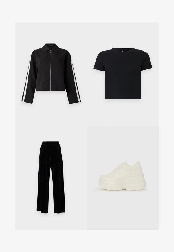 Črn skrajšan jopič z dolgimi rokavi, srebrnim zadrgo in stranskimi črtami. Ima koničast ovratnik in pribor v obliki obroča. Gladek teksturirano blago.; Črna majica s kratkimi rokavi, izdelana iz mehke bombažne tkanine. Ima okroglo ovratnico in oprijet kroj. Gladka tekstura brez vzorcev ali dodatkov.; Črne široke hlače iz mehkega žameta, z elastičnim pasom in gladko teksturo, brez vidnih detajlov ali vzorcev.; Bele platformske tene z belim zgornjim delom, ki spominja na usnje, okroglo obliko, oblazinjen ovratnik ter gumo z teksturo na podplatu z izrazitimi profili.