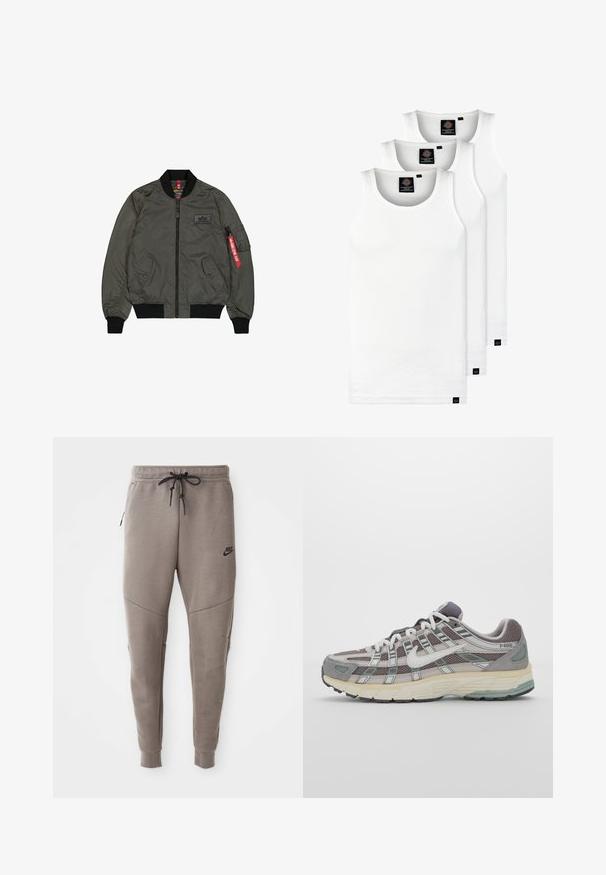 Oliven grønn bomberjakke, skinnende nylonmateriale, ribbestrikkede mansjetter og krage, glidelås foran, to side lommer og en verktøylomme med rød merkelapp.; Tre hvite ribbestrikkede tank topper laget av bomull. Har en rund hals og små svarte etiketter nær kanten. Tilgjengelig i flere størrelser.; Grå Nike joggebukser med snor i midjen, smale ben, sidelommer og distinkte sømdetaljer. Myk, teksturert stoff.; Grå treningssko med overdel i nett og semsket skinn, hvite detaljer, en polstret såle, og et særpreget design med reflekterende elementer.