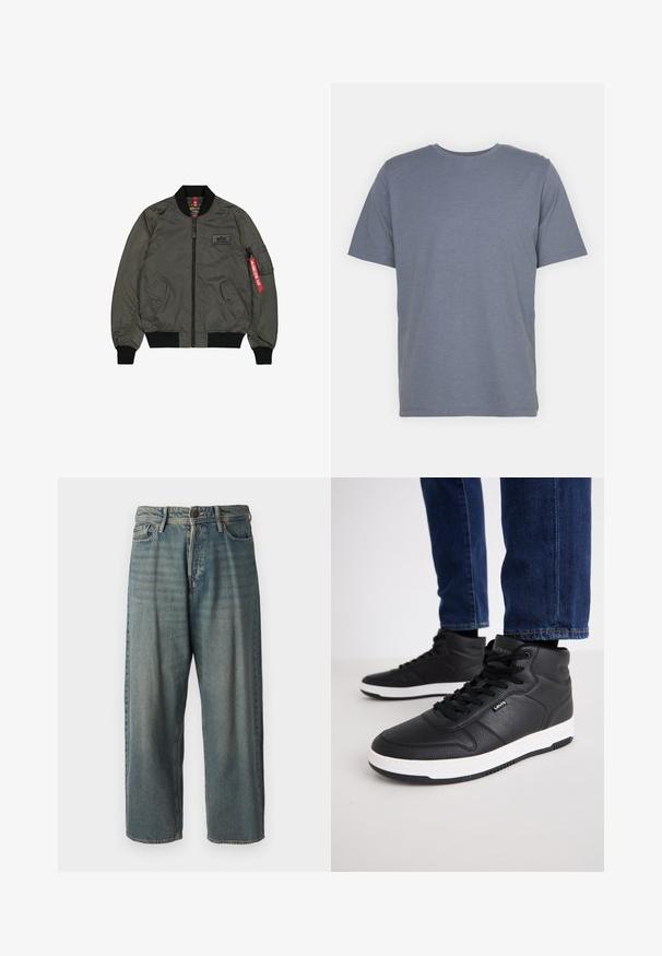 Žalia olivinė bomber striukė, blizgantis nailono audinys, apsiūtos rankovės ir apykaklė, užtrauktukas priekyje, dvi šoninės kišenės ir naudingos kišenės su raudonu žymekliu.; Pilkas trumpas rankovėmis marškinėliai su apvaliu kaklu, pagaminti iš švelnaus medvilnės mišinio. Paprastas dizainas, be raštų ar akcentų.; Šviesiai mėlyni džinsai su laisvu siluetu, vidutinio aukščio juosmeniu ir tiesiomis kojomis. Su penkiais kišenėmis, diržo kilpo ir mygtukų uždarymu.; Juodos aukštos kedai pagaminti iš tekstūruoto odos, su juodais raiščiais, balta guma padais ir mažai logotipu šone.