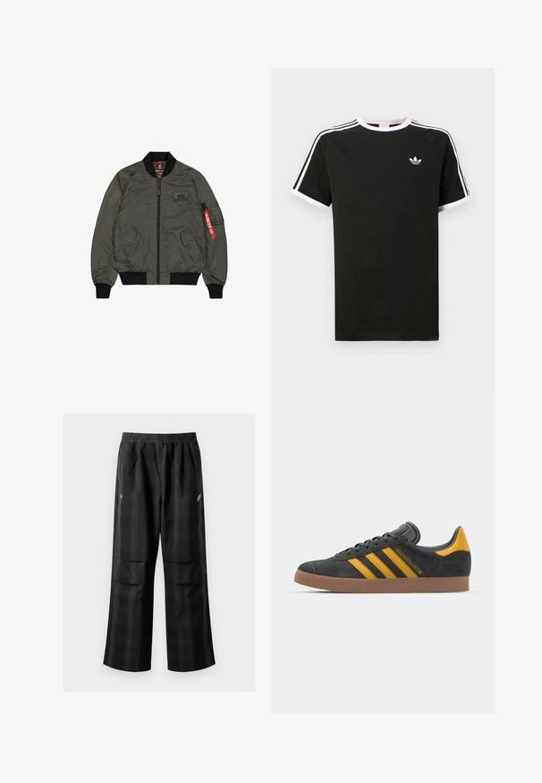 Maslinasto zelena bomber jakna, sjajni najlonski materijal, rebraste manžete i ovratnik, patentni zatvarač sprijeda, dva bočna džepa i džep za alat s crvenom oznakom.; Crna majica s kratkim rukavima, izrađena od pamuka, s bijelim akcentima. Ima raglan dizajn i mali logo na prsima. Tri bijele pruge na ramenima.; Crne karirane hlače s elastičnom urezom, dva prednja džepa i ležernim krojem s ravnim nogavicama. Izrađene su od laganog materijala.; Crne nubuk tenisice s žutim detaljima, sa tri pruge i smešnim gumenim potplatom. Imaju jastučić na jeziku za udobnost.