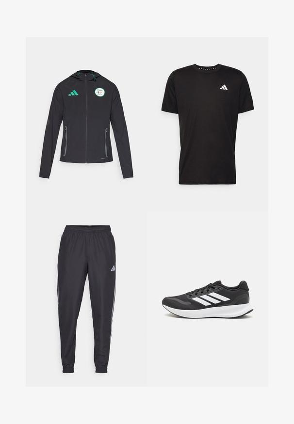 Black athletic jacket with hood, featuring green accents, zippered pockets, and Algeria national team logo on the chest.; Black cotton t-shirt with short sleeves, crew neckline, and a white logo on the left chest. Smooth texture and simple design.; Black athletic pants with an elastic waistband, featuring white stripes along the sides and a small logo on the hip. Smooth texture.; Black athletic shoe with breathable mesh upper, white accents, and a cushioned sole. Features three stripes logo on the side.