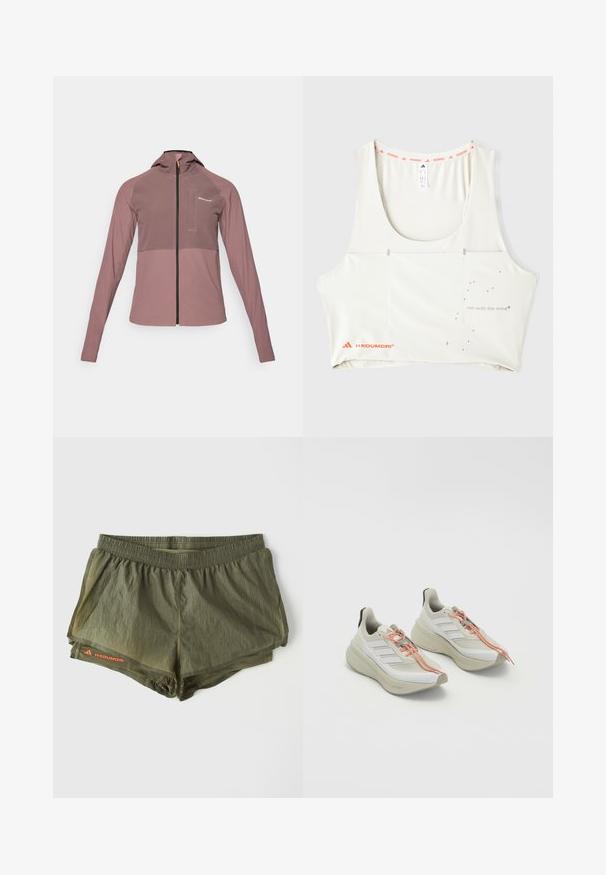 Mikina s kapucňou na zips v prachu ružovej farbe, ktorá má kontrastný tmavý panel, dlhé rukávy a malý detail predného vrecka.; Biely športový tielko s okrúhlim výstrihom, oranžovým brandovaným lemovaním a kovovým potlačeným textom "bež s mysľou." Obsahuje minimalistické dizajnové prvky.; Olivové športové šortky s elastickým pásom, vnútorným podšitím, perforovanými bočnými panelmi a červeným logom ako akcentom.; Svetlé športové topánky s textúrovaným bielym textilným zvrškom, oranžovými šnúrkami a hrubou, polstrovanou podrážkou. Trojprúžkový dizajn na boku.