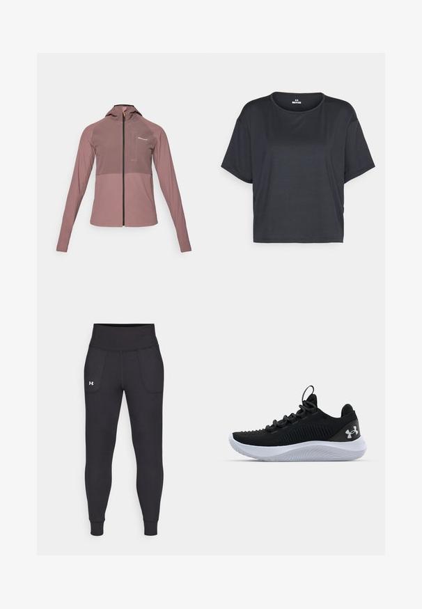 Hooded zip-up jacket in dusty rose color, featuring a contrasting dark panel, long sleeves, and a small front pocket detail.; Black short-sleeve cropped t-shirt, featuring a round neckline and soft, smooth fabric texture. No visible patterns or hardware.; Black athletic leggings made from stretchy material, featuring a high waistband, side pockets, and fitted cuffs at the ankle.; Black athletic shoes with a breathable mesh upper, textured detailing, and a white rubber sole. Features flat laces and a heel pull tab.