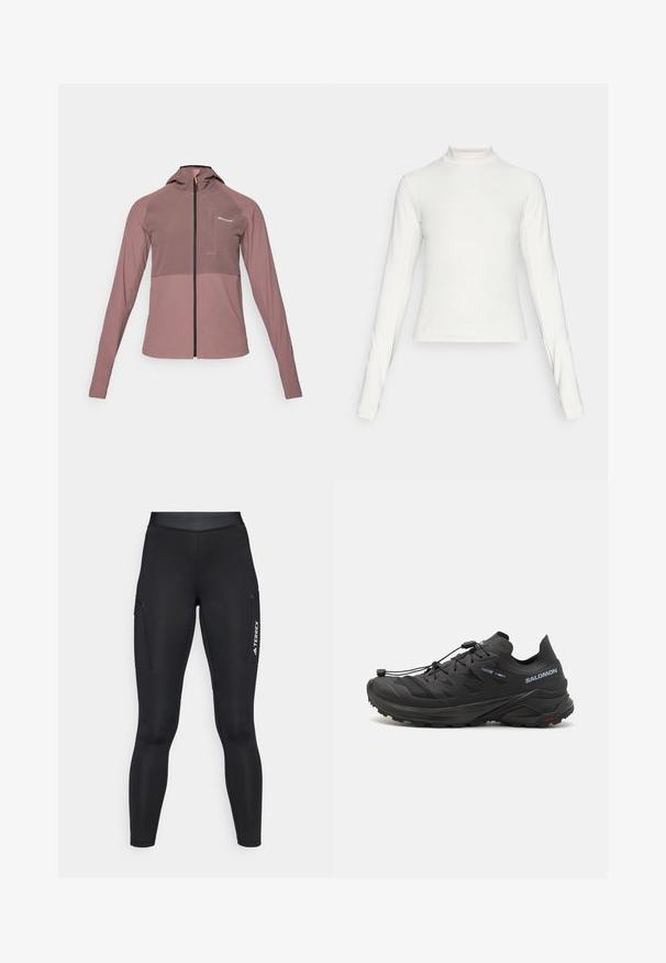 Casaco com capuz e fecho éclair na cor rosa envelhecida, apresentando um painel escuro em contraste, mangas longas e um pequeno detalhe de bolso na parte da frente.; Camisola atlética branca de manga comprida com gola alta e pequeno logótipo centralizado no peito, exibida sobre um fundo simples.; Leggings atléticas pretas com um design ajustado, feitas de material elástico. Apresentam bolsos laterais e a marca "TERREX" em branco.; Sapatos de trail running pretos com um upper texturizado, painéis em malha e um sistema de fecho seguro. Apresenta um solado robusto para tração.