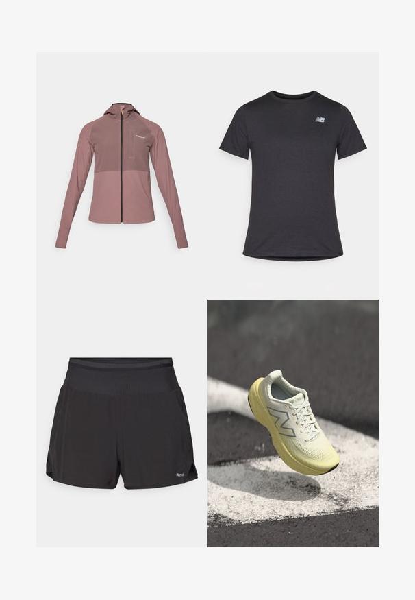 Chaqueta con capucha y cremallera en color rosa empolvado, con un panel oscuro contrastante, mangas largas y un pequeño detalle de bolsillo en la parte frontal.; Camiseta negra de manga corta hecha de una tela suave, con un pequeño logotipo gris de New Balance en la parte superior izquierda del pecho, diseño clásico de cuello redondo.; Pantalones cortos deportivos negros con una cintura plana, de corta longitud y con bolsillos laterales. La tela parece transpirable con una textura suave.; Zapatilla de running de color amarillo claro con un empeine texturizado, cordones y una suela acolchada. Presenta un logo plateado en el costado y un diseño elegante.