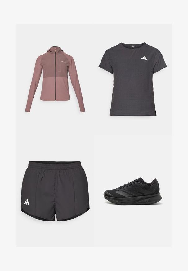 Huppari, jossa on vetoketju ja huppu, pölyisen ruusupunaisen värin sävyssä. Takissa on tumman vastakohtapaneeli, pitkät hihat ja pieni etutasku.; Lyhythihainen urheilupaita, tummanharmaa, jossa on reikäkudot. Ominaisuuksina valkoinen logo ja kontrastiväriset sivusuunnat. Pyöreä pääntie.; Mustat urheilushortsit kevyestä kankaasta, joissa on joustava vyötärö ja valkoinen Adidas-logo vasemmassa alakulmassa.; Mustat juoksukengät, joissa on hengittävä verkkoyläosa, pyöreä varvas, sulavalinjainen muotoilu, teksturoidut yksityiskohdat ja pehmustettu pohja mukavuutta varten.