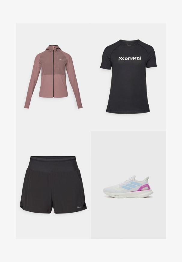 Hooded zip-up jacket in dusty rose color, featuring a contrasting dark panel, long sleeves, and a small front pocket detail.; Black short-sleeve athletic shirt with a textured fabric and contrasting white logo placement across the chest. Rounded neckline and fitted design.; Black athletic shorts with a flat waistband, short length, and side pockets. Fabric appears breathable with a smooth texture.; adidas Performance PUREBOOST 5 - Road running shoes - white/glow blue/purple burst