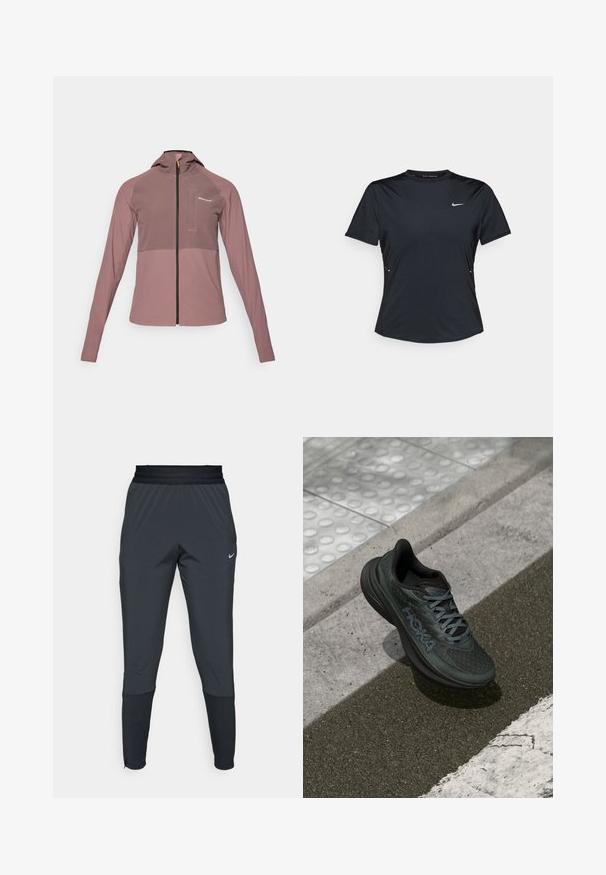 Hooded Zip-up-Jacke in feiner Roséfarbe mit einem kontrastierenden dunklen Panel, langen Ärmeln und einem kleinen Fronttaschen-Detail.; Schwarzes kurzärmliges Sporthemd aus leichtem, feuchtigkeitsableitendem Material. Mit Rundhalsausschnitt und kleinem weißen Nike-Logo auf der Brust.; Dunkle graue Nike Sporthosen mit einem schmal zulaufenden Bein-Design, elastischem Bund und Akzentdetails in der Nähe der Bündchen.; Schwarzer Laufschuh mit Mesh-Obermaterial, strukturierten Akzenten und Logo, mit einer gepolsterten Sohle und grauen Schnürsenkeln, auf Asphalt platziert.