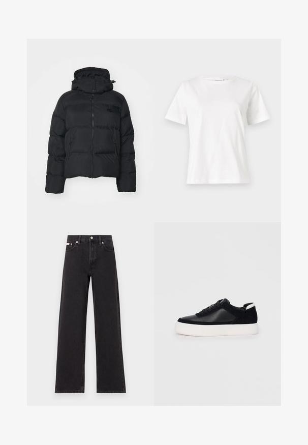 Sort pufferjakke med aftagelig hætte, lynlåslukning foran og to sidelommer. Har quiltede sektioner og et lille logo på brystet.; Hvid bomulds t-shirt med korte ærmer, rund halsudskæring og en afslappet pasform. Glat tekstur, ingen mønstre eller accenter, minimalistisk design.; Sorte vidde jeans lavet af denim, med høj talje, fem-lomme stil og en metalknap lukning med kontrasterende syninger.; Sort sneakers med glat læder og ruskindspaneler, flade snørebånd, rund tå og en hvid gummisål. Distinkt logo på hælen.