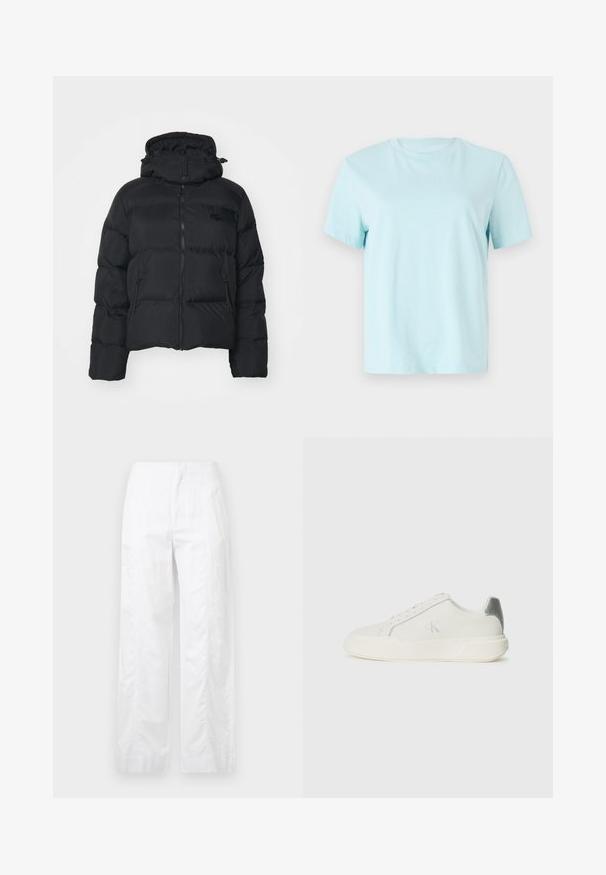 Casaco puffer preto com capuz destacável, fecho de correr à frente e dois bolsos laterais. Apresenta secções acolchoadas e um pequeno logótipo no peito.; T-shirt de algodão azul claro com mangas curtas, gola redonda e logo 'Calvin Klein' bordado discreto na parte da frente.; Calças brancas de perna larga feitas de um tecido leve, com uma textura suave, linhas limpas e um design de cintura alta.; Sapatilha branca feita de couro com textura suave, apresentando um detalhe em prateado no calcanhar, sola plana e design minimalista.